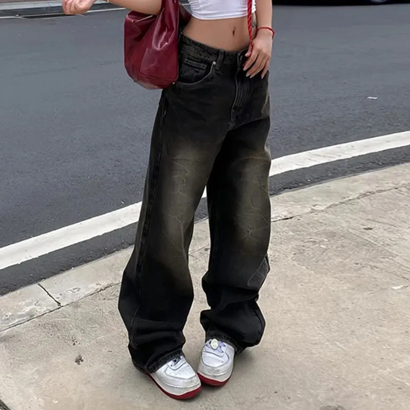 Wenkouban Y2K Street Baggy Jeans American Retro Fashion Loose Denim Pants Basic Grunge Low Waist Sweatpants Korean Women 2024