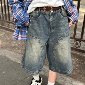 Wiaofellas  -  American Retro Blue Denim Shorts Men Korean Style High Waist Loose Straight Jeans Summer Chic Streetwear Knee-length Pant New