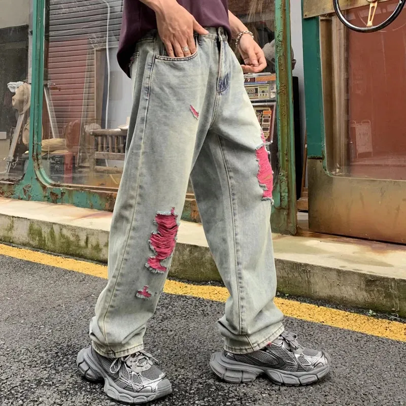 Wiaofellas  -  American Streetwear Washed Hole Vintage Ripped Jeans for Men Hip Hop Loose Casual Straight Denim Bagg Jeans Pants Trousers