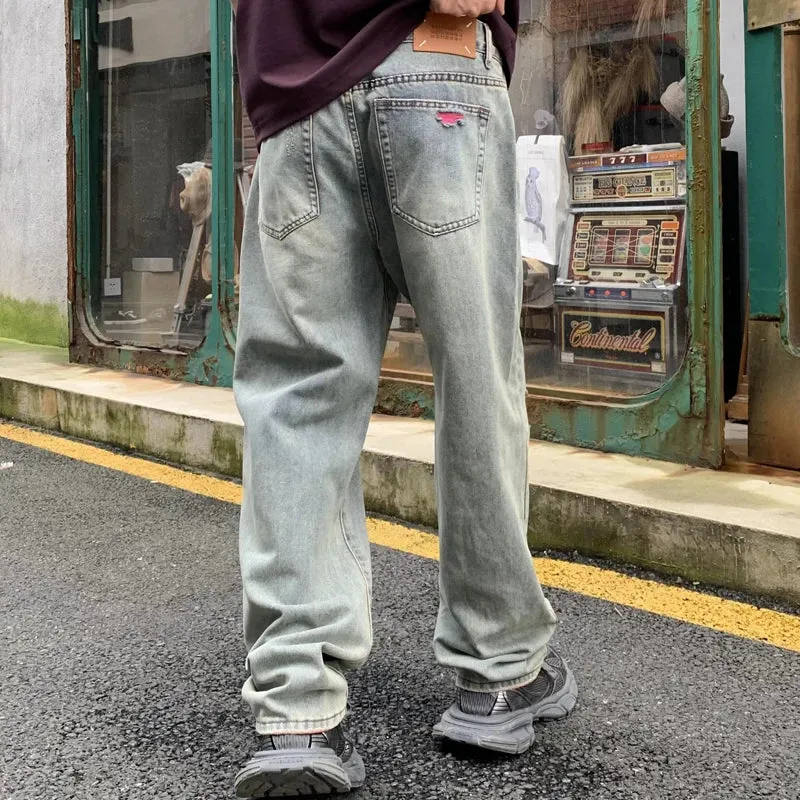 Wiaofellas  -  American Streetwear Washed Hole Vintage Ripped Jeans for Men Hip Hop Loose Casual Straight Denim Bagg Jeans Pants Trousers