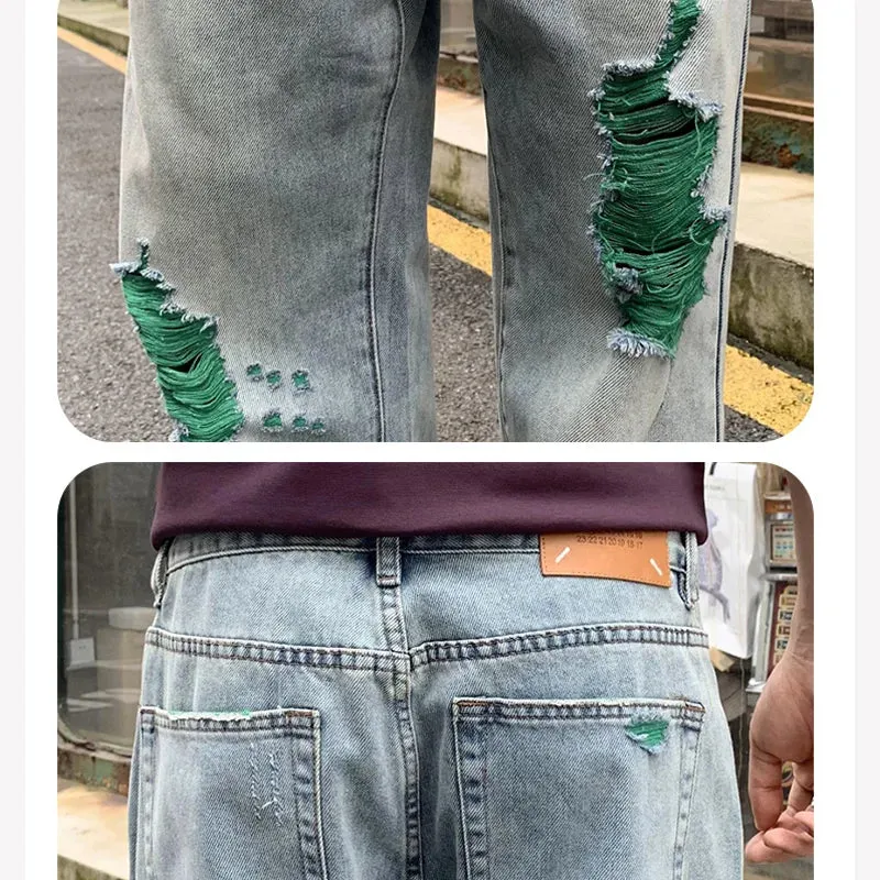 Wiaofellas  -  American Streetwear Washed Hole Vintage Ripped Jeans for Men Hip Hop Loose Casual Straight Denim Bagg Jeans Pants Trousers