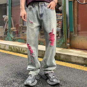 Wiaofellas  -  American Streetwear Washed Hole Vintage Ripped Jeans for Men Hip Hop Loose Casual Straight Denim Bagg Jeans Pants Trousers