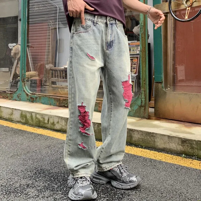 Wiaofellas  -  American Streetwear Washed Hole Vintage Ripped Jeans for Men Hip Hop Loose Casual Straight Denim Bagg Jeans Pants Trousers