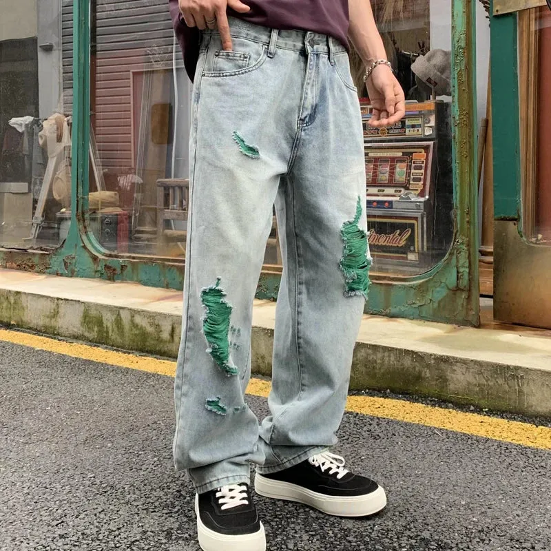 Wiaofellas  -  American Streetwear Washed Hole Vintage Ripped Jeans for Men Hip Hop Loose Casual Straight Denim Bagg Jeans Pants Trousers