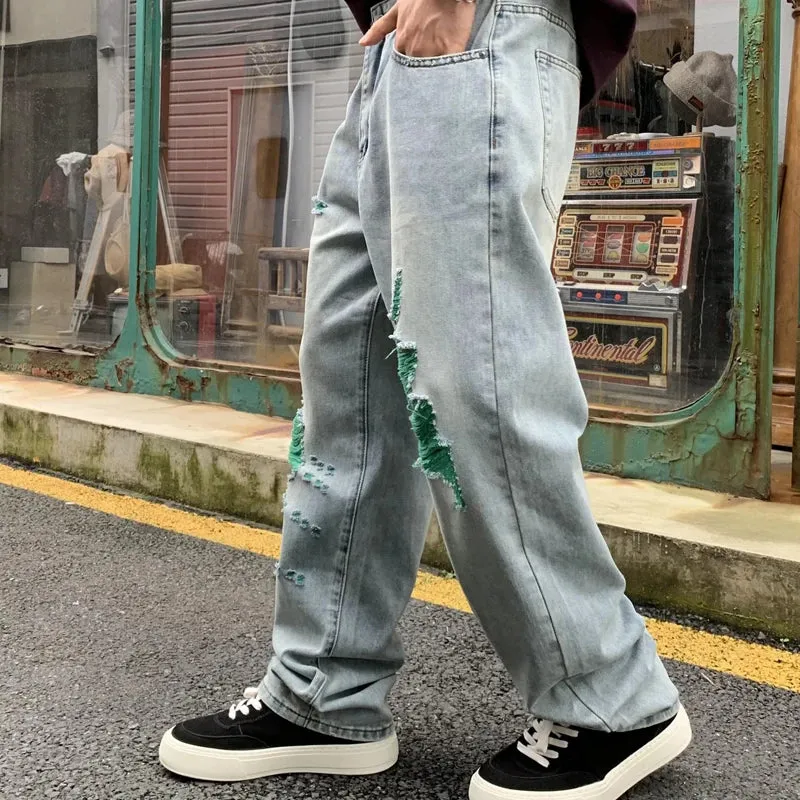 Wiaofellas  -  American Streetwear Washed Hole Vintage Ripped Jeans for Men Hip Hop Loose Casual Straight Denim Bagg Jeans Pants Trousers