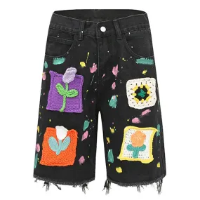 Wiaofellas  -  Harajuku Vintage Knitted floral Pattern Denim Shorts Men's Oversized Straight Cut Jeans Casual Loose Shorts College Pants Y2K