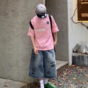 Wiaofellas  -  Mens Graffiti Denim Jeans Shorts Women Vintage Cartoon Print Straight Wide Leg Shorts High Street Oversize Kneen Length Pants