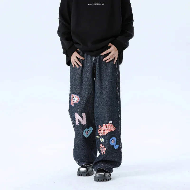Wiaofellas  -  Red Plaid Patchwork Rolled Edge Mens Jeans Wide Leg Straight Tube Color Blocked Print Trend Denim Pants Unisex Cowboy Trousers