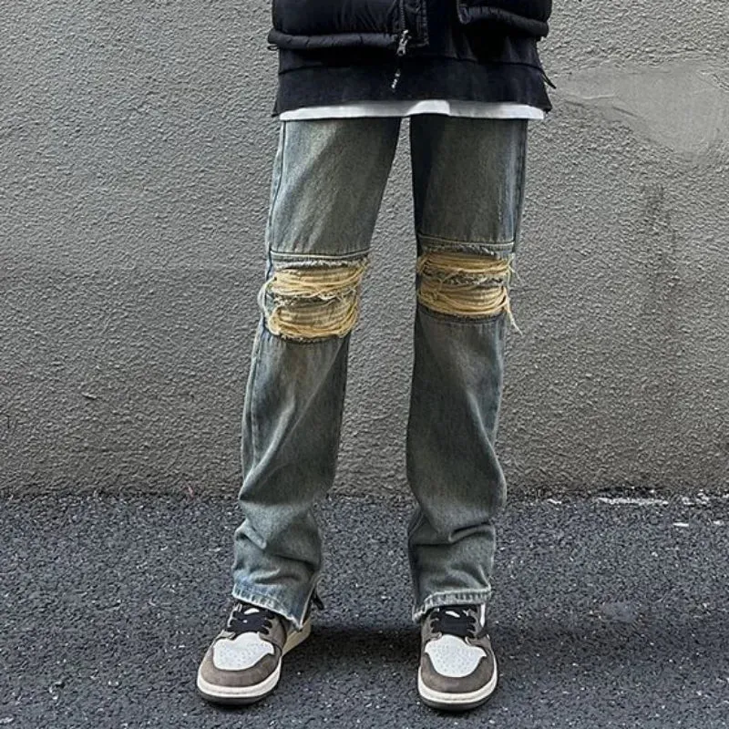 Wiaofellas  -  Trousers With Holes Slits Men's Jeans Washed Man Cowboy Pants Straight Ripped Torn Broken Comfortable Y2k Streetwear Denim Xs