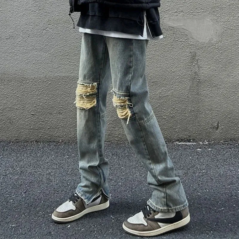 Wiaofellas  -  Trousers With Holes Slits Men's Jeans Washed Man Cowboy Pants Straight Ripped Torn Broken Comfortable Y2k Streetwear Denim Xs