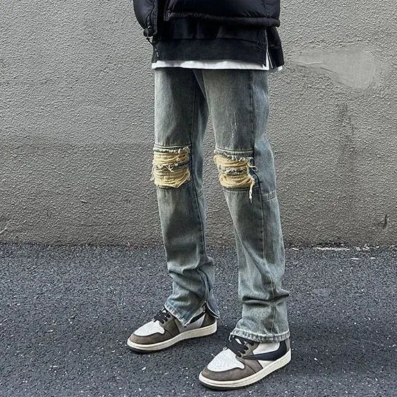 Wiaofellas  -  Trousers With Holes Slits Men's Jeans Washed Man Cowboy Pants Straight Ripped Torn Broken Comfortable Y2k Streetwear Denim Xs