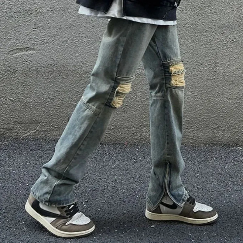 Wiaofellas  -  Trousers With Holes Slits Men's Jeans Washed Man Cowboy Pants Straight Ripped Torn Broken Comfortable Y2k Streetwear Denim Xs