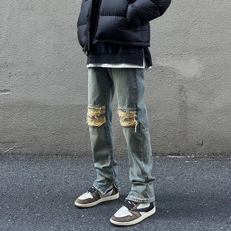 Wiaofellas  -  Trousers With Holes Slits Men's Jeans Washed Man Cowboy Pants Straight Ripped Torn Broken Comfortable Y2k Streetwear Denim Xs
