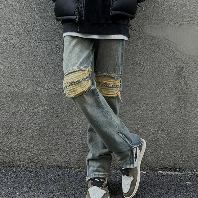 Wiaofellas  -  Trousers With Holes Slits Men's Jeans Washed Man Cowboy Pants Straight Ripped Torn Broken Comfortable Y2k Streetwear Denim Xs