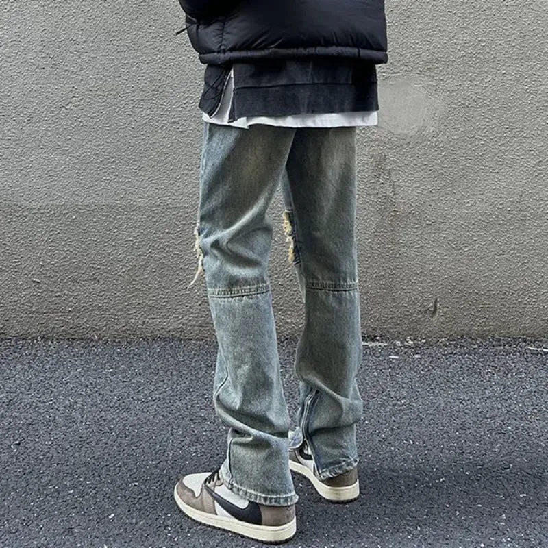 Wiaofellas  -  Trousers With Holes Slits Men's Jeans Washed Man Cowboy Pants Straight Ripped Torn Broken Comfortable Y2k Streetwear Denim Xs