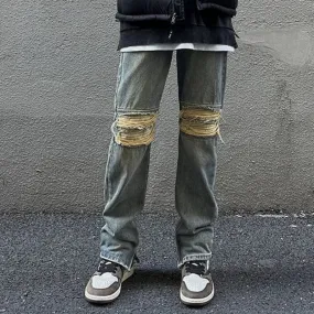 Wiaofellas  -  Trousers With Holes Slits Men's Jeans Washed Man Cowboy Pants Straight Ripped Torn Broken Comfortable Y2k Streetwear Denim Xs