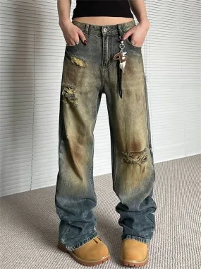 Women's Dirty Old Design Holes Jeans Vintage Street Cool Girl High Waist Wide Leg Pants Female Casual Straight Denim Trousers