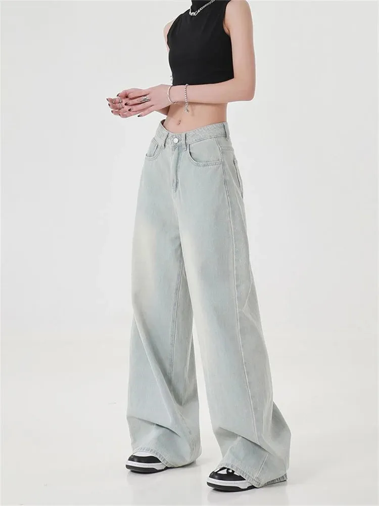 Women's High Waisted Baby Blue Loose Vintage Jeans American Street Style Cowboy Pants Female Wide Leg Casual Straight Trousers