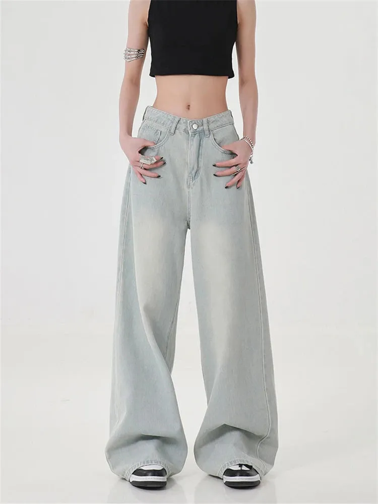Women's High Waisted Baby Blue Loose Vintage Jeans American Street Style Cowboy Pants Female Wide Leg Casual Straight Trousers