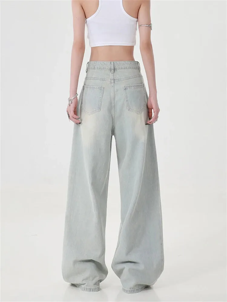 Women's High Waisted Baby Blue Loose Vintage Jeans American Street Style Cowboy Pants Female Wide Leg Casual Straight Trousers