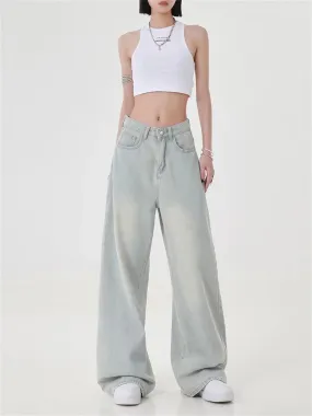 Women's High Waisted Baby Blue Loose Vintage Jeans American Street Style Cowboy Pants Female Wide Leg Casual Straight Trousers