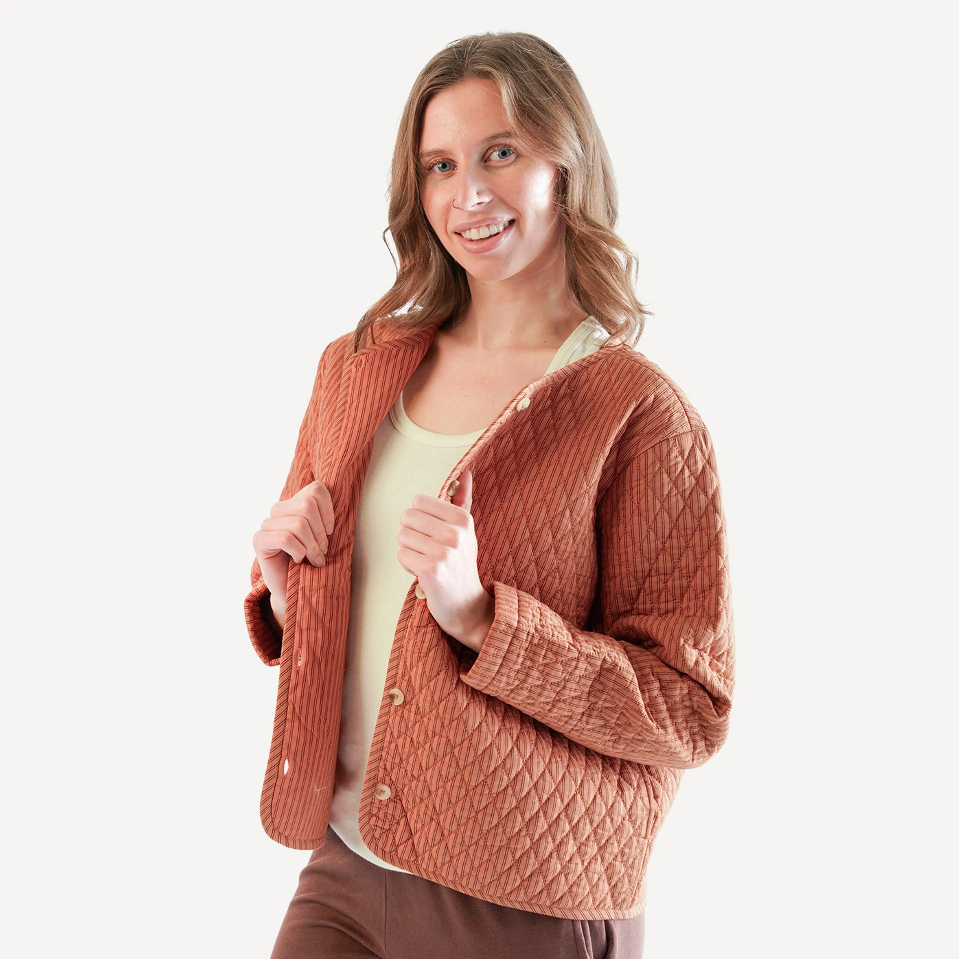 womens quilted jacket | cinnamon pinstripe | organic cotton woven