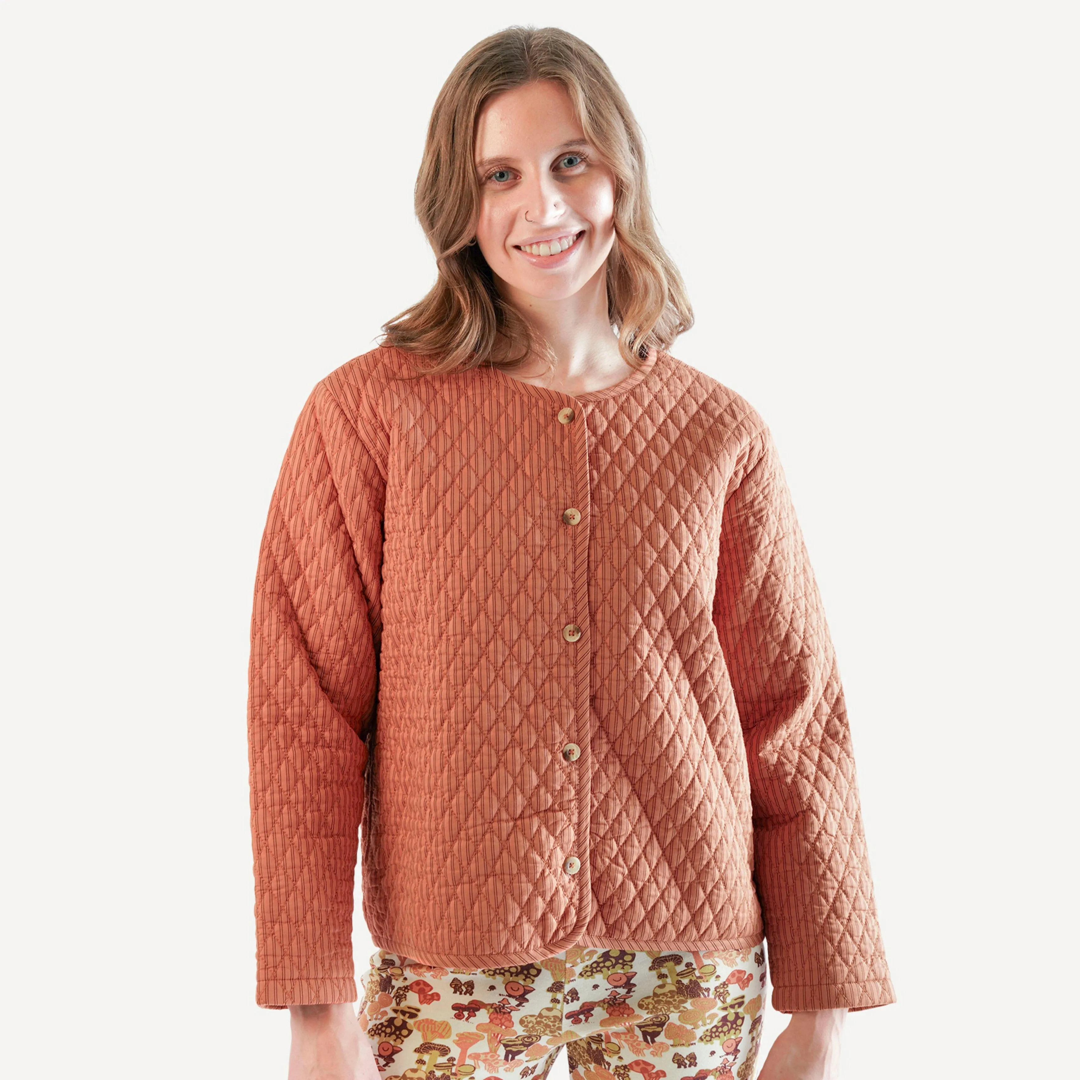 womens quilted jacket | cinnamon pinstripe | organic cotton woven