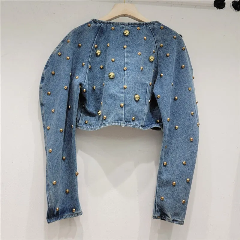 Work Beading Rivet Denim Coat Spring Women Blue Short Round Collar Puff Sleeve Irregular Single Button Jeans Jacket Female