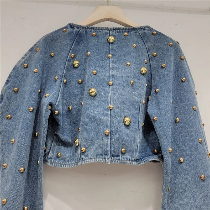 Work Beading Rivet Denim Coat Spring Women Blue Short Round Collar Puff Sleeve Irregular Single Button Jeans Jacket Female