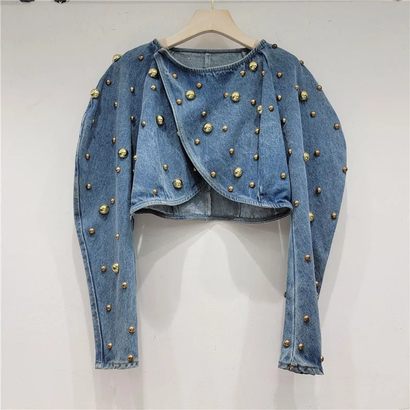 Work Beading Rivet Denim Coat Spring Women Blue Short Round Collar Puff Sleeve Irregular Single Button Jeans Jacket Female