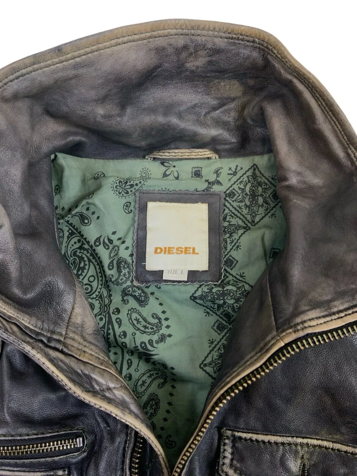 Y2K FADED BLACK DIESEL LEATHER BOMBER JACKET SIZE L