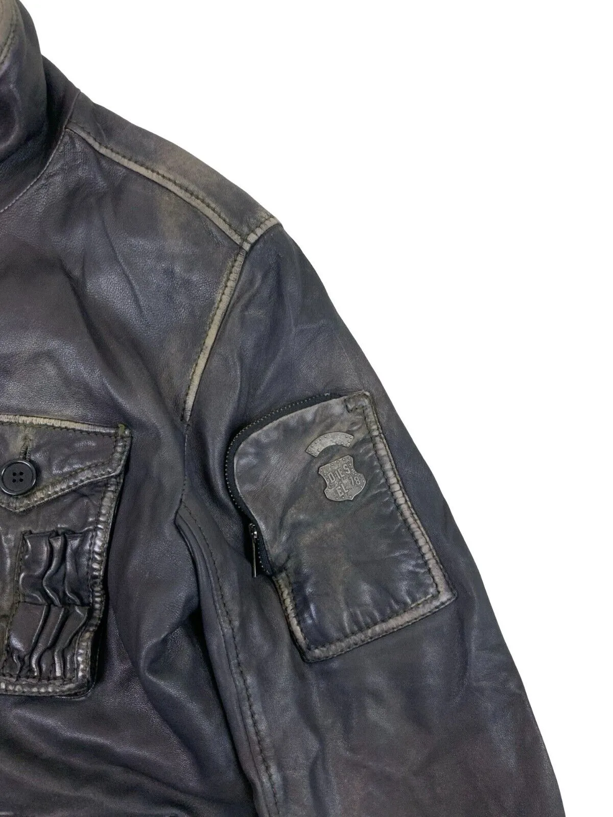 Y2K FADED BLACK DIESEL LEATHER BOMBER JACKET SIZE L