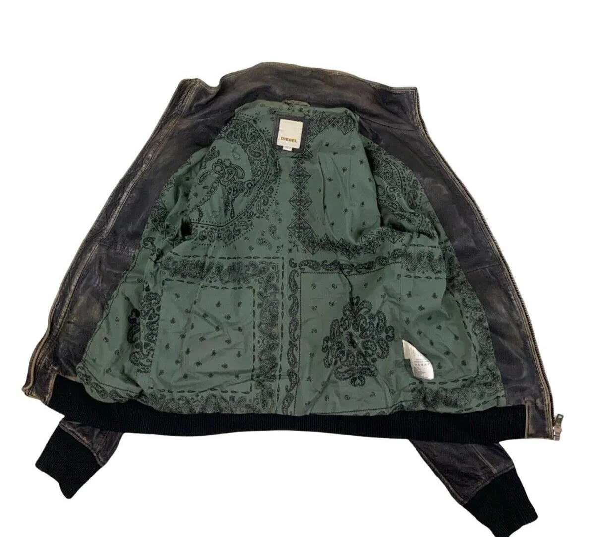 Y2K FADED BLACK DIESEL LEATHER BOMBER JACKET SIZE L