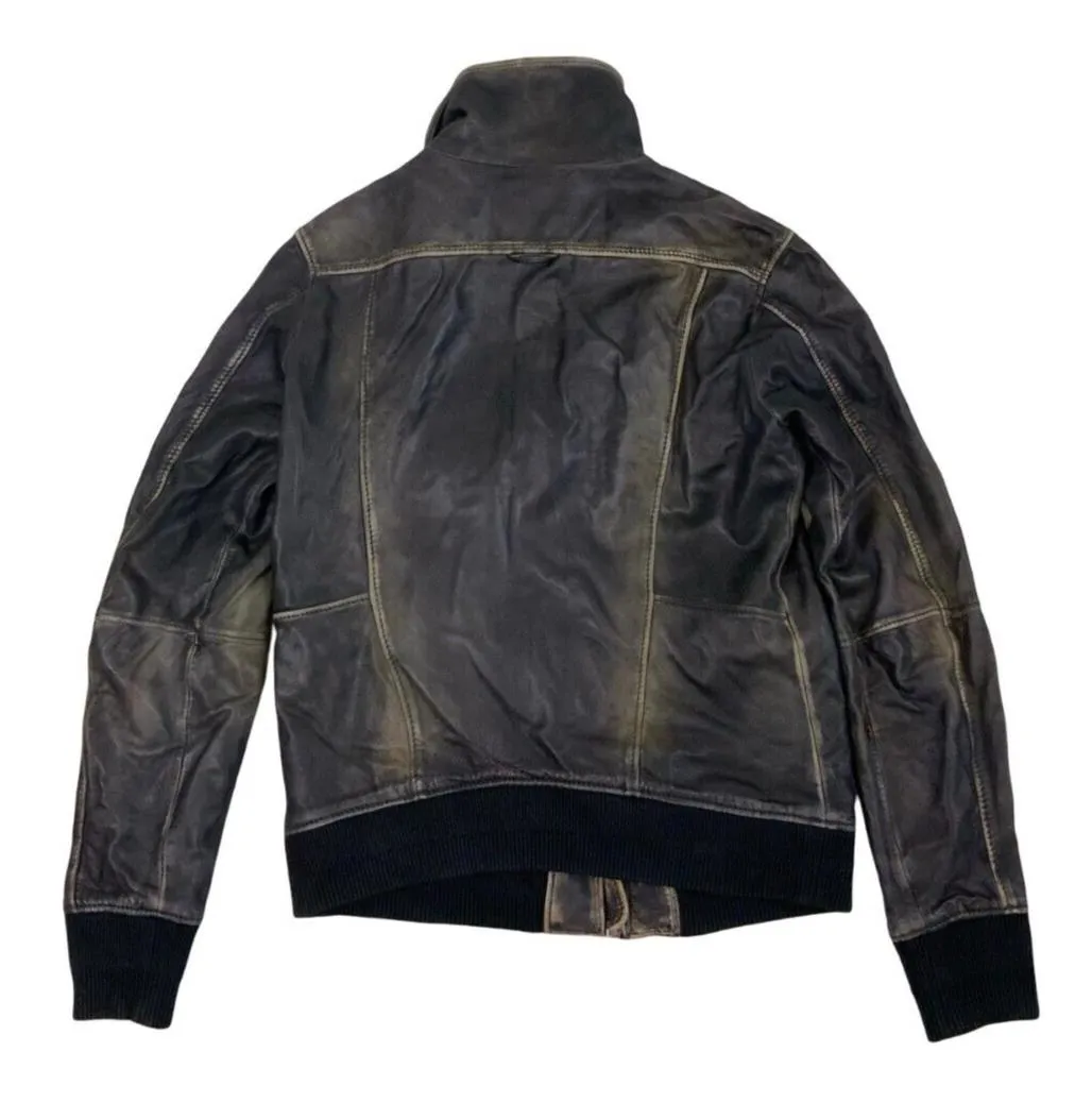 Y2K FADED BLACK DIESEL LEATHER BOMBER JACKET SIZE L