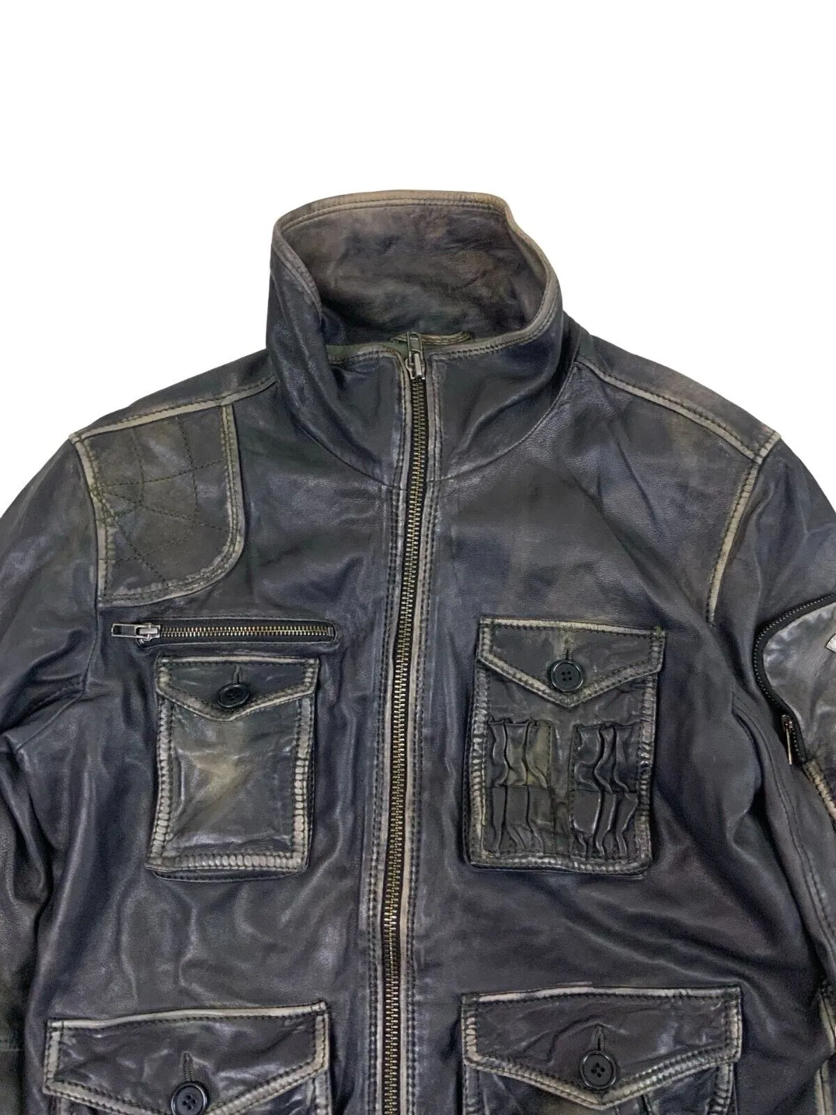 Y2K FADED BLACK DIESEL LEATHER BOMBER JACKET SIZE L